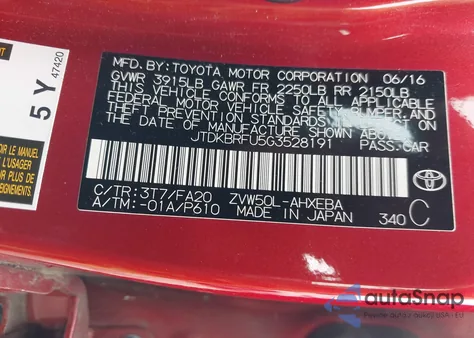 2016 Toyota Prius Two z USA, uszkodzony, nr VIN JTDKBRFU5G3528191